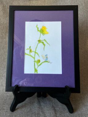 Framed Original Pen and Watercolor Artwork Flower with Fairy 10.75"x8.75" Matted